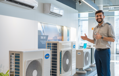 Salesperson showing AC units in showroom