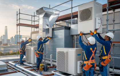 Technicians installing air conditioning units